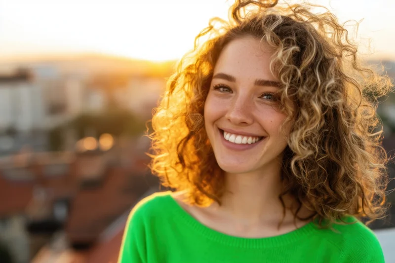 Smiling woman with curly light brown hair in a green sweater on a rooftop at sunset