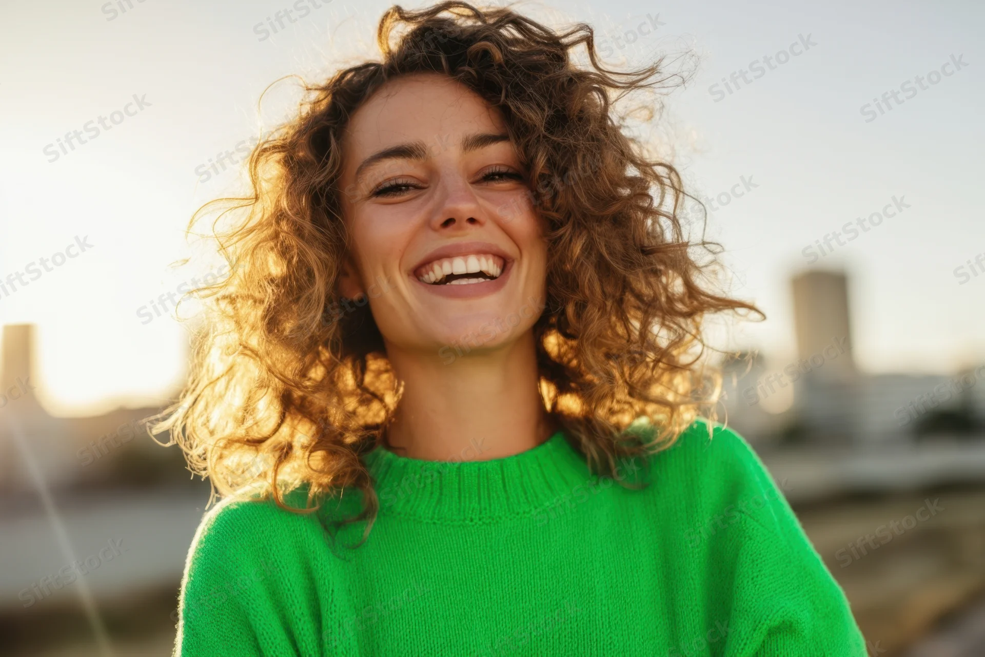 Woman smiling with curly brown hair in a green sweater outdoors at sunset
