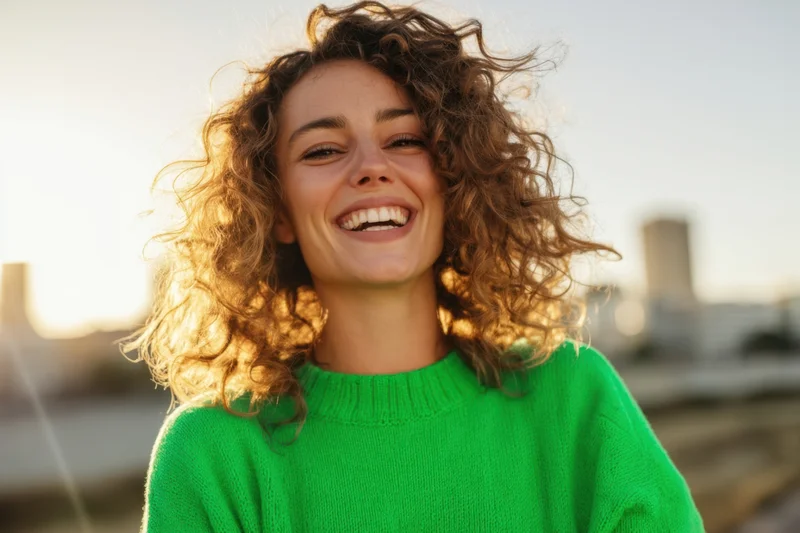 Woman smiling with curly brown hair in a green sweater outdoors at sunset