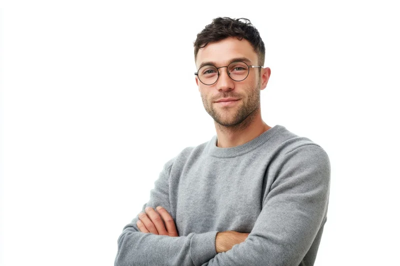 Young man with round glasses and gray sweater standing with arms crossed against white background