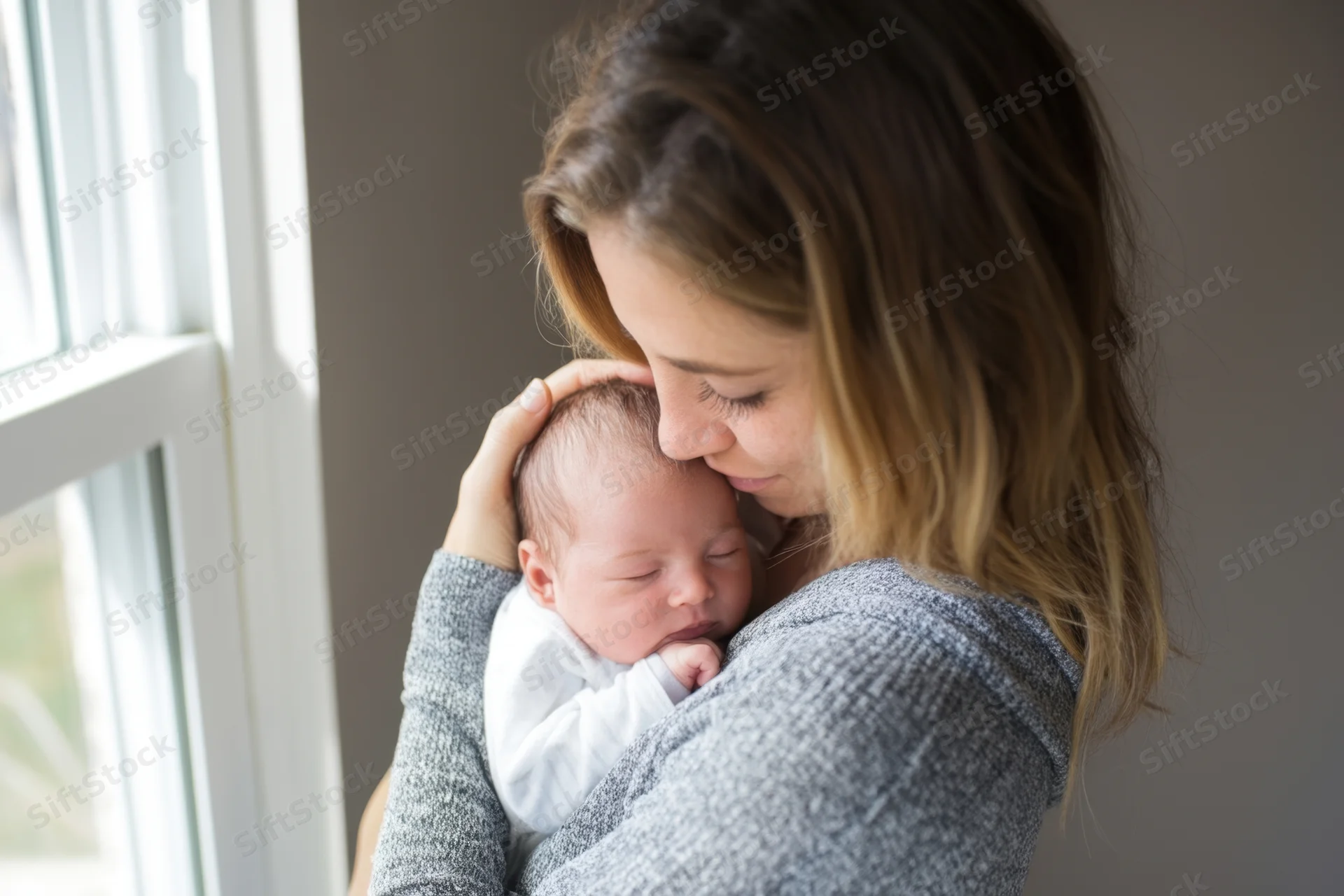 Mother holding newborn baby close by window in home setting