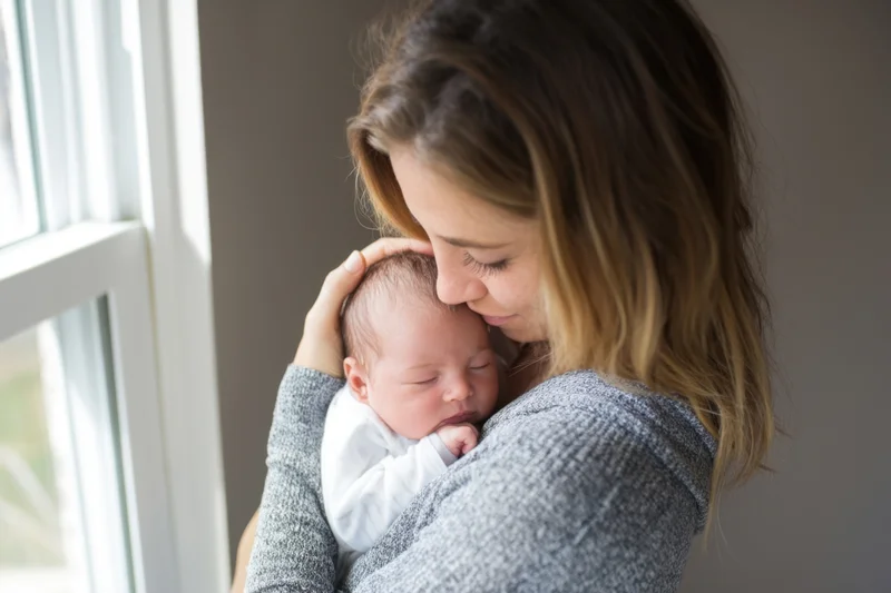 Mother holding newborn baby close by window in home setting