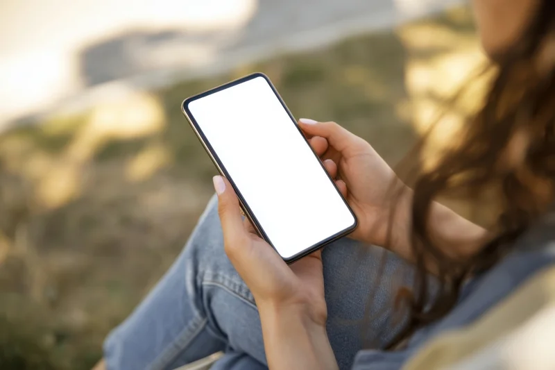 Woman holding smartphone with blank white screen outdoors in park