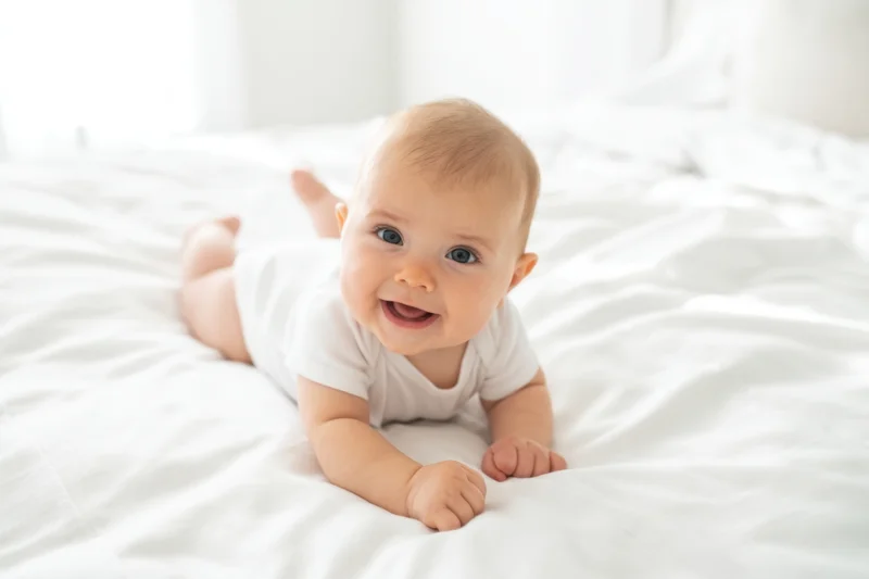 Smiling baby lying on white bed in tummy position wearing white onesie