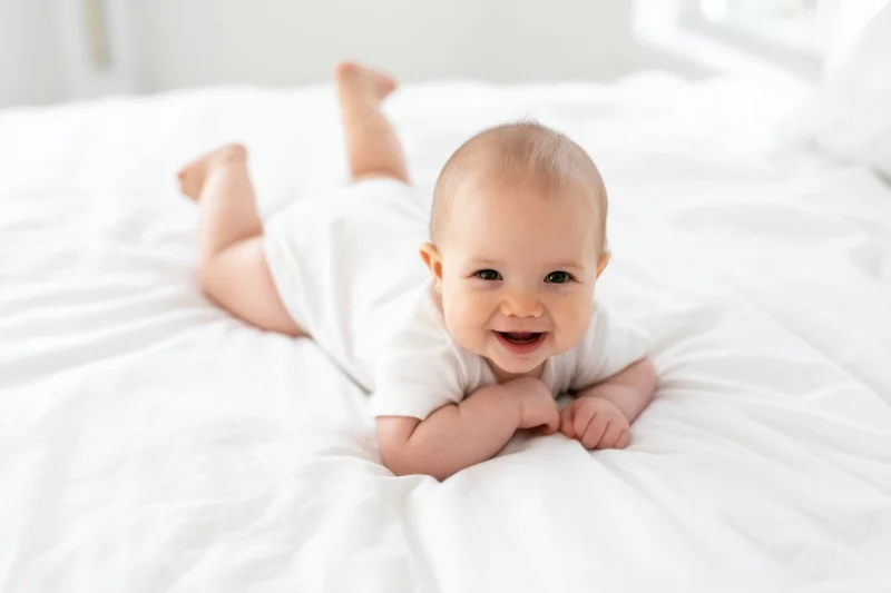 Smiling baby lying on white bed wearing white onesie