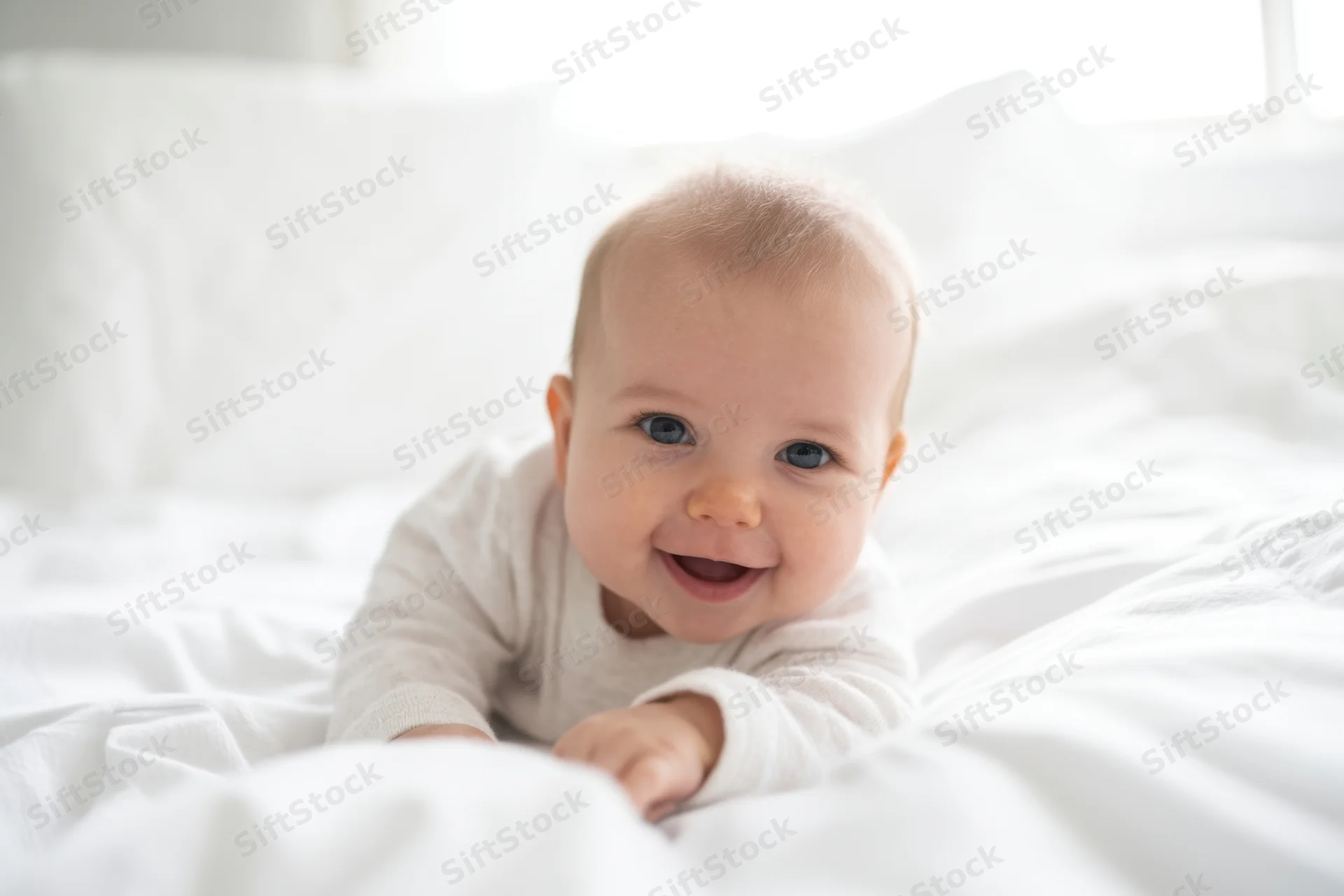 Smiling baby crawling on white bedding in soft natural light indoors
