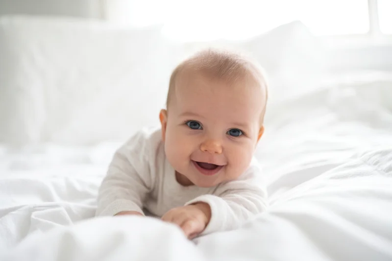 Smiling baby crawling on white bedding in soft natural light indoors