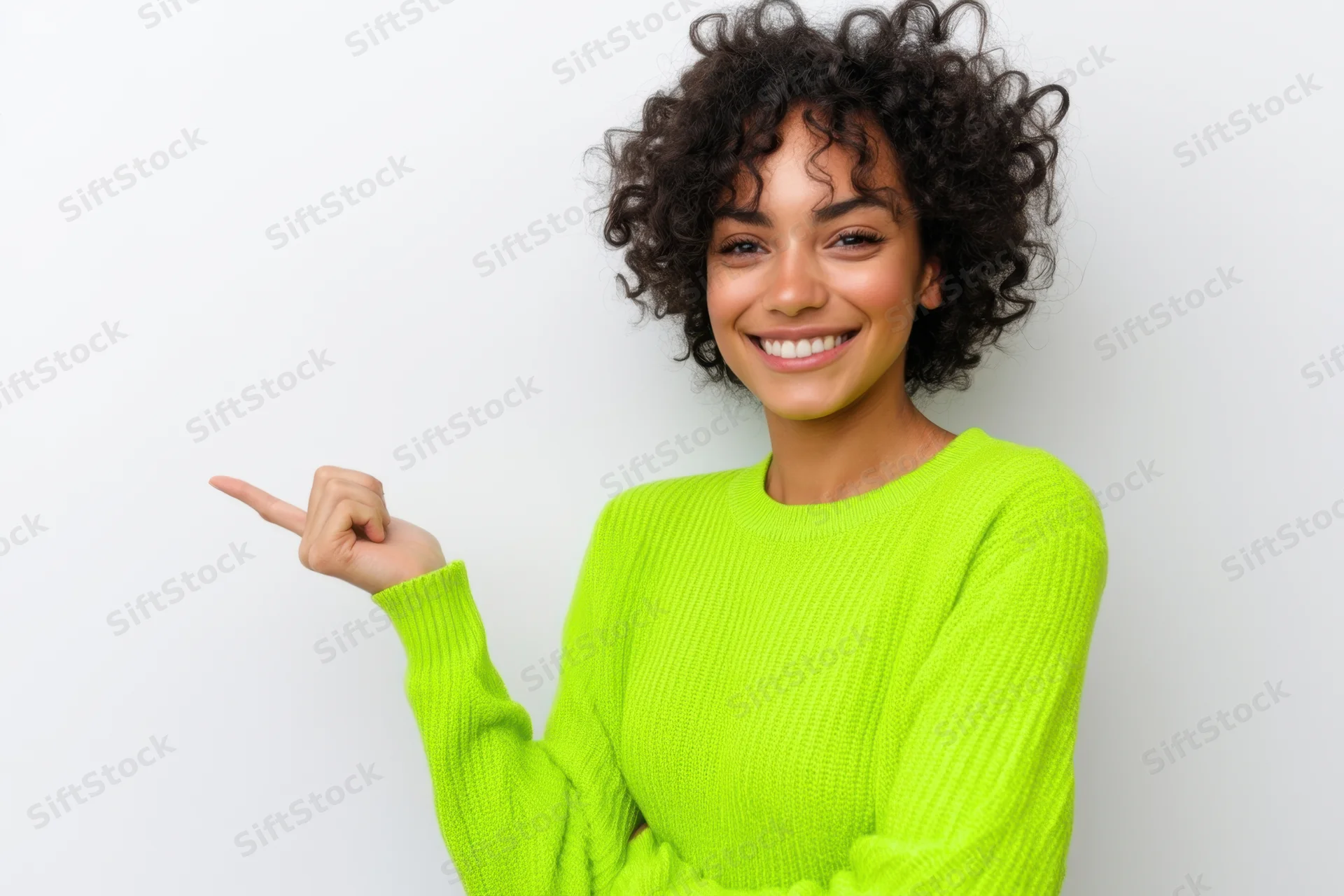 Smiling woman in lime green sweater pointing to the side against white background