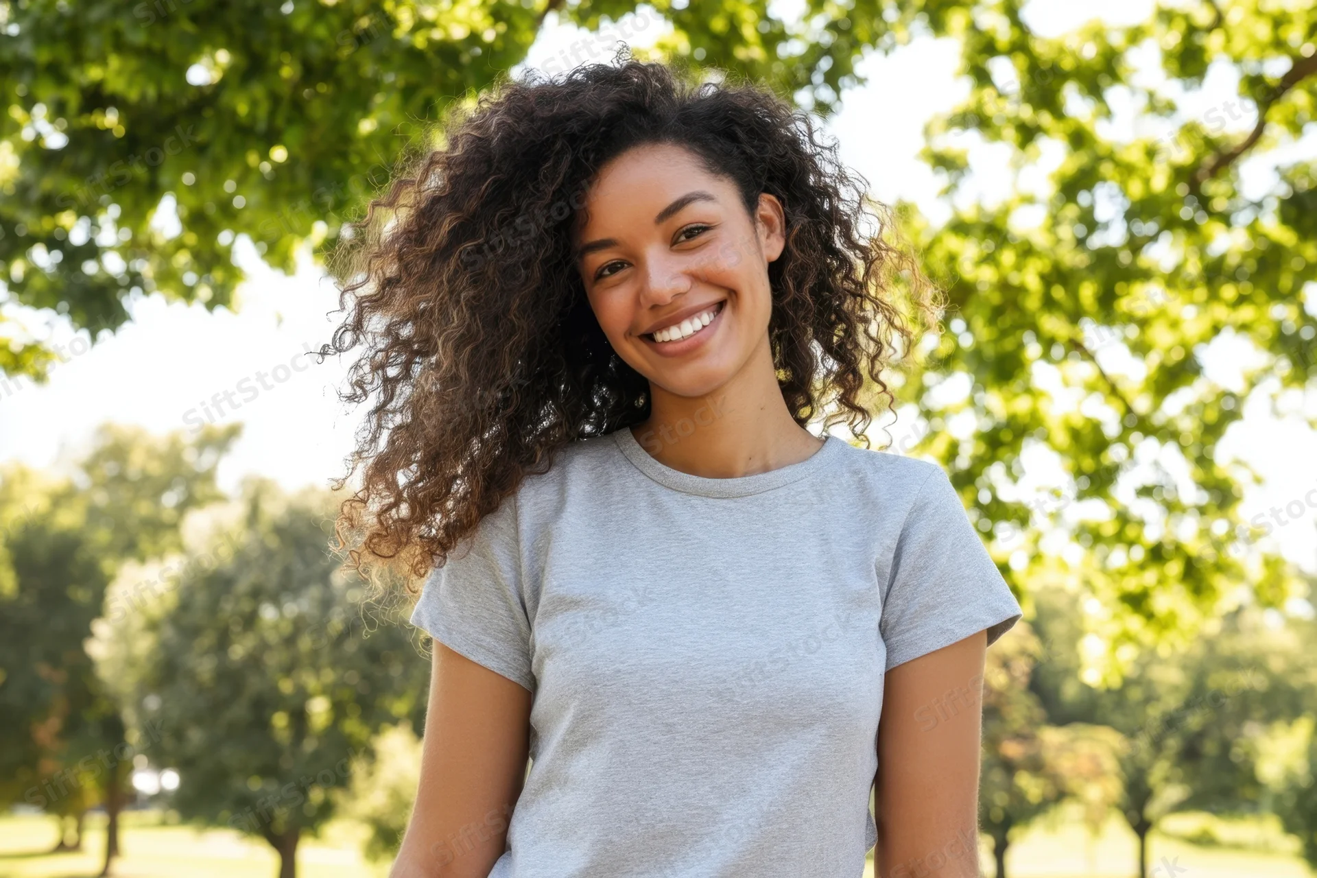 Smiling woman with curly hair wearing a gray t-shirt in a sunlit park