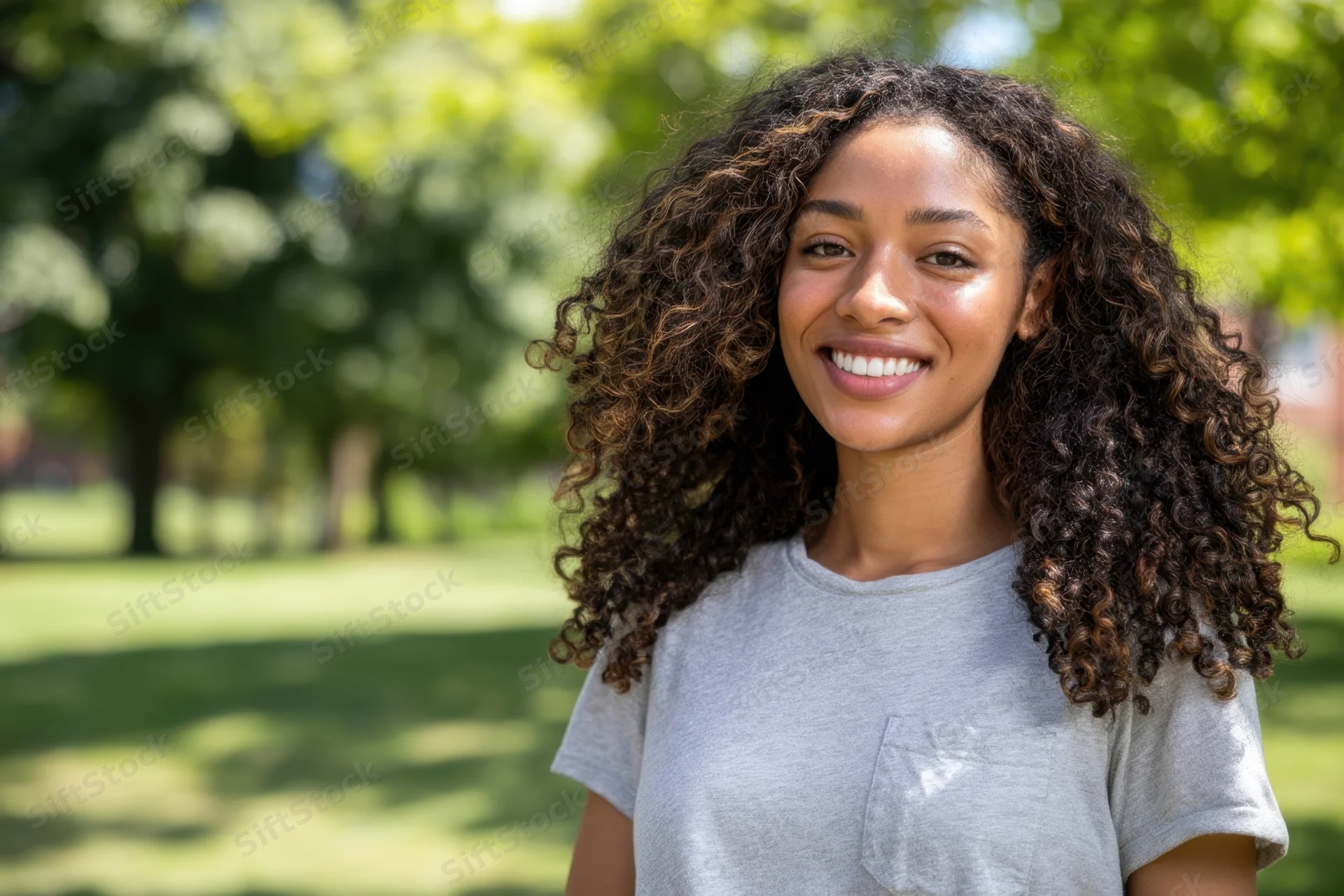 Smiling woman with curly hair in a gray t-shirt standing in a sunlit park