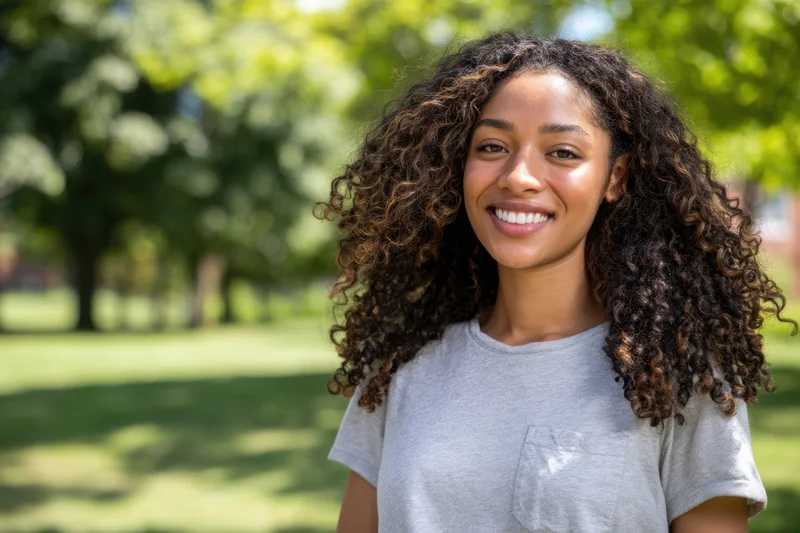 Smiling woman with curly hair in a gray t-shirt standing in a sunlit park