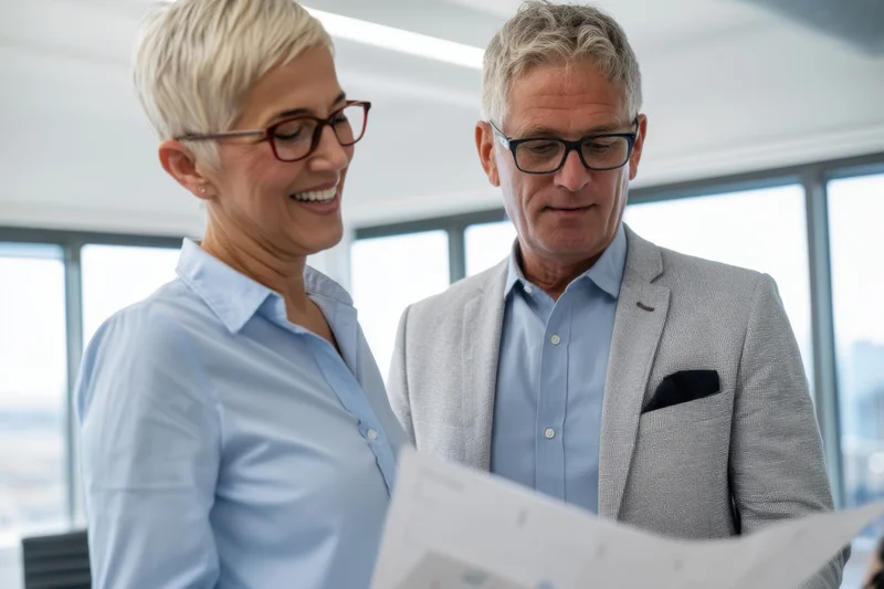 Woman and man in office reviewing documents together