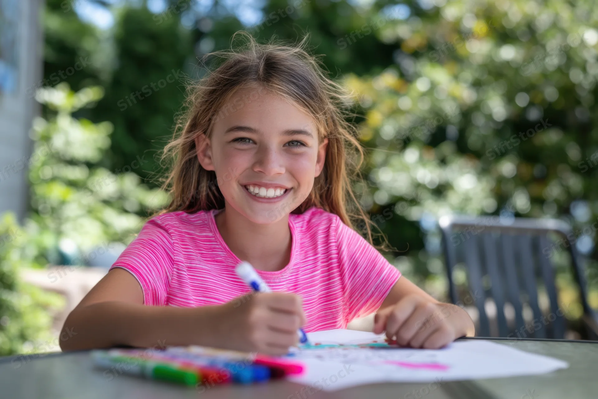 Young girl smiling while drawing with markers at an outdoor table