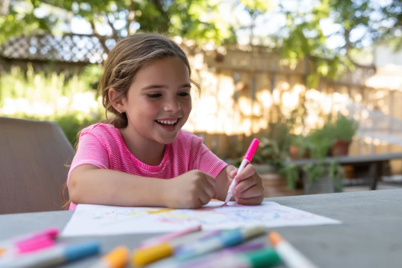 Young girl smiling while drawing with markers at an outdoor table in a garden
