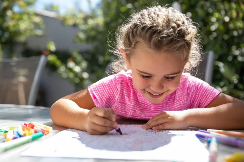 Young girl smiling while drawing with markers on paper at an outdoor table