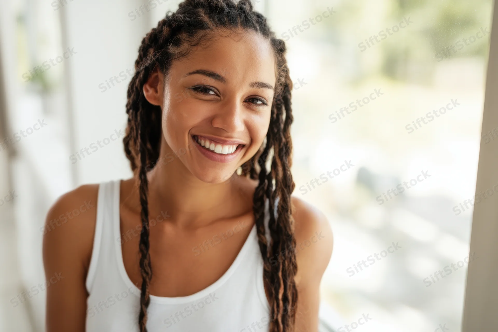 Young woman with long braids smiling in a bright indoor setting wearing a white tank top