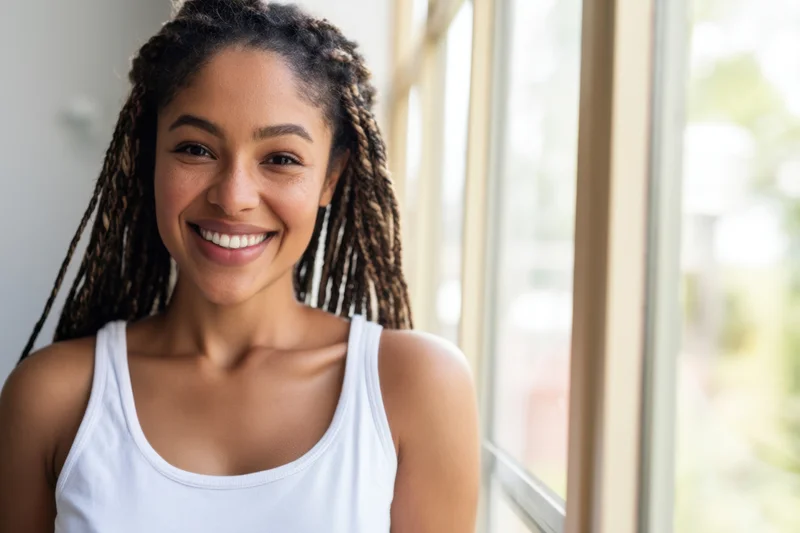 Young woman smiling with long braids wearing white tank top by window