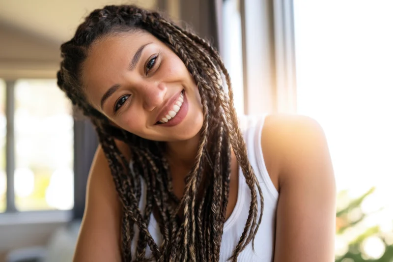 Smiling young woman with long braids wearing white tank top indoors near window