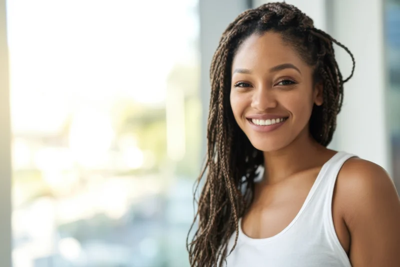 Smiling young woman with long braids wearing a white tank top indoors near a bright window