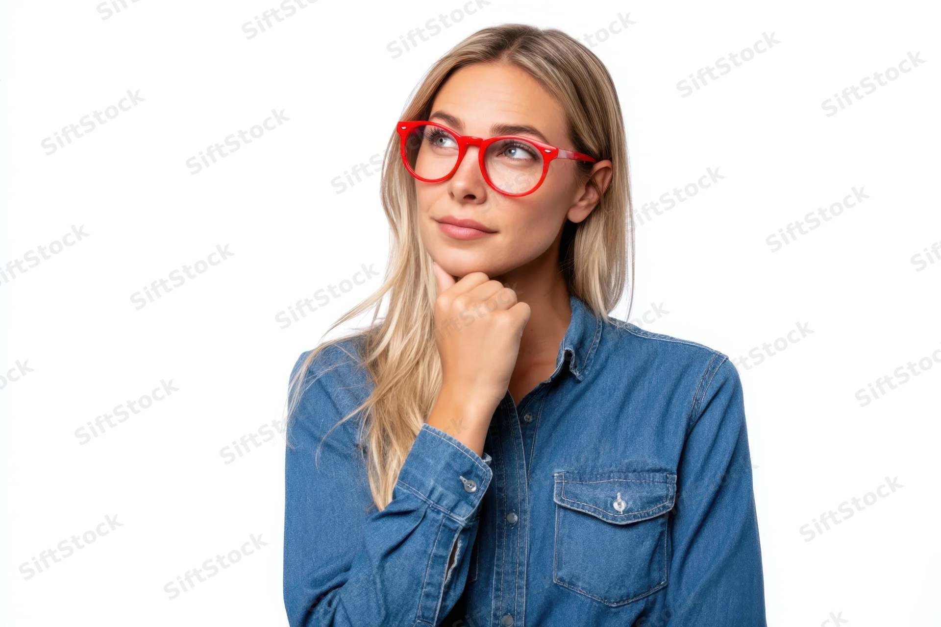 Thoughtful woman in blue denim shirt with red glasses touching chin against white background