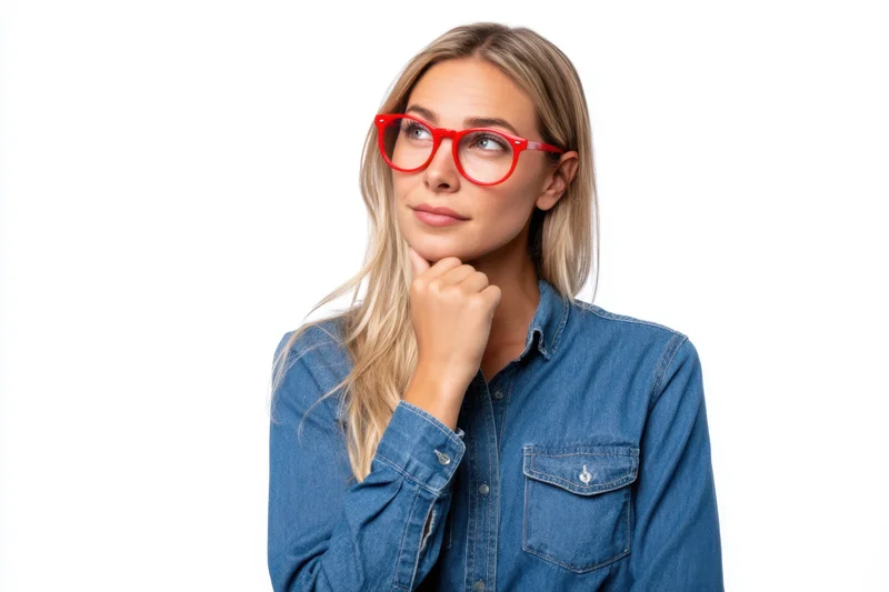 Thoughtful woman in blue denim shirt with red glasses touching chin against white background