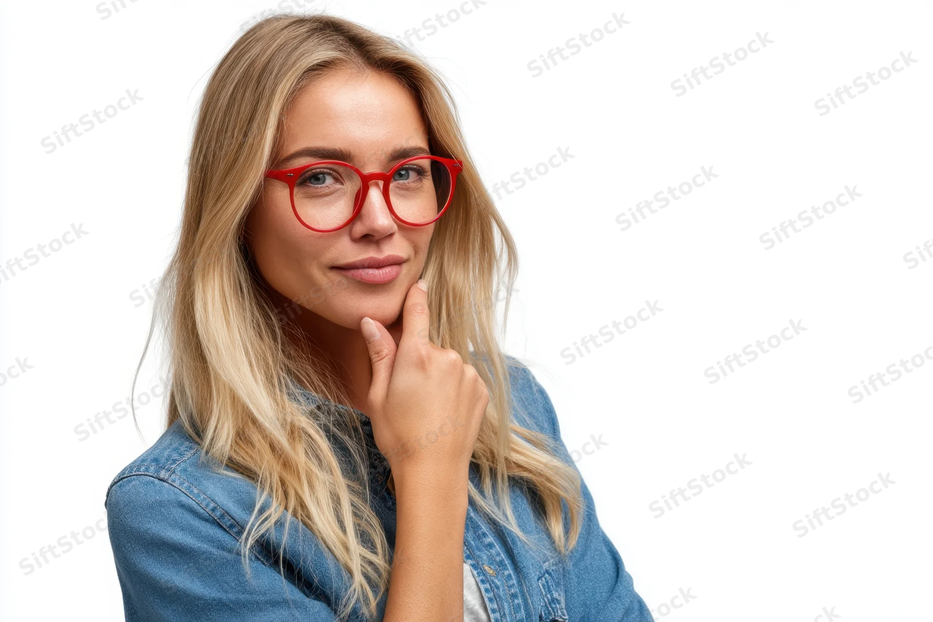 Thoughtful woman with long blonde hair wearing red glasses and denim shirt, hand on chin, studio portrait on white background