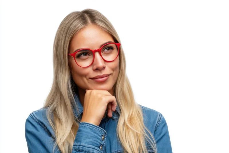 Thoughtful woman with long blonde hair wearing red glasses and blue denim shirt, hand on chin, against white background