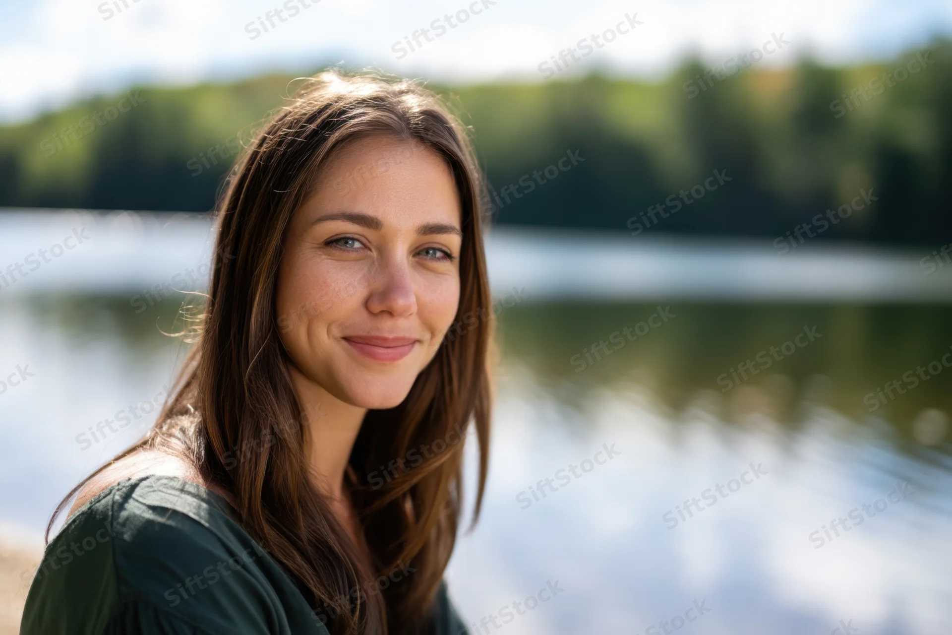 Woman smiling by a lake with trees in the background