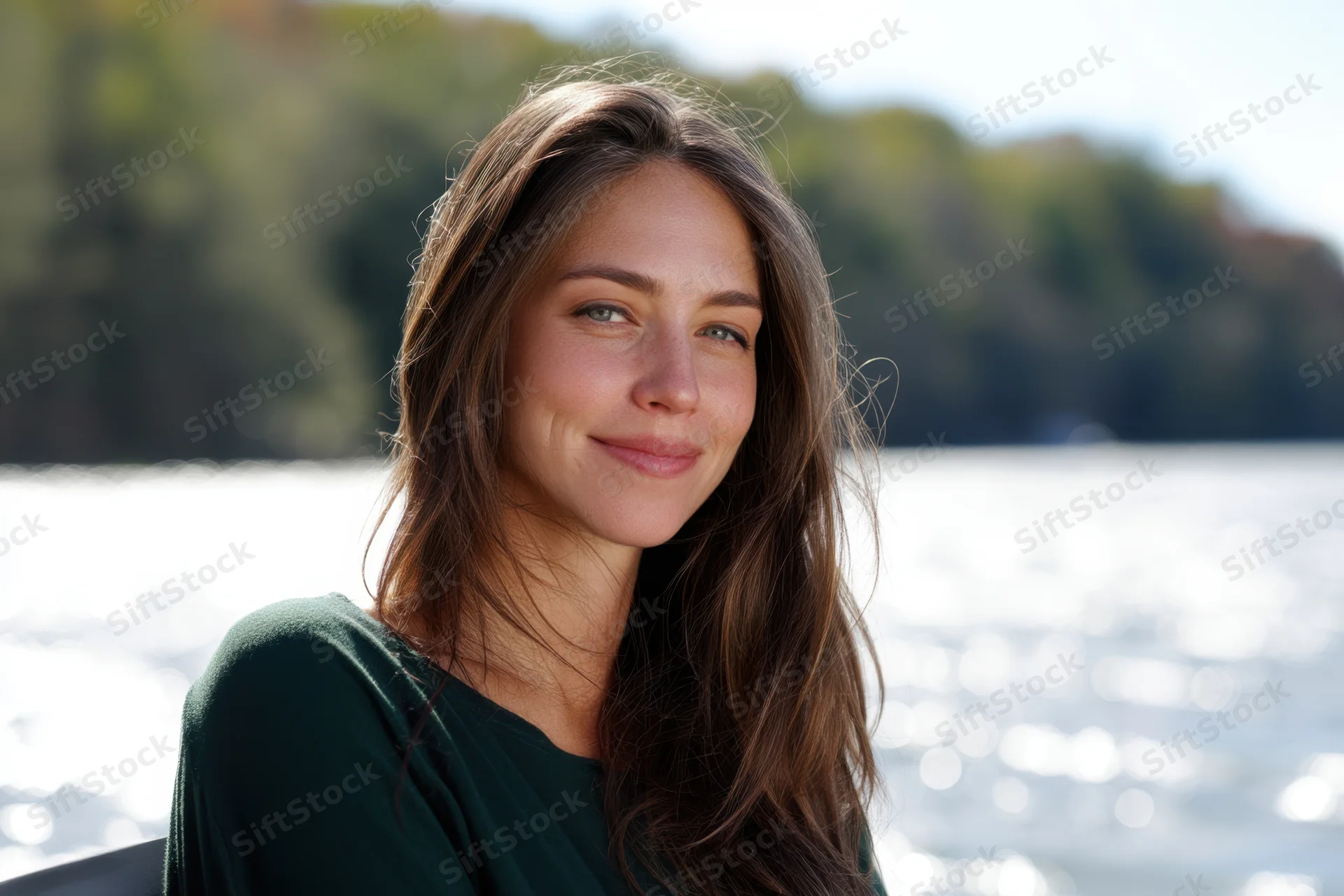 Woman smiling by a lake with trees in the background