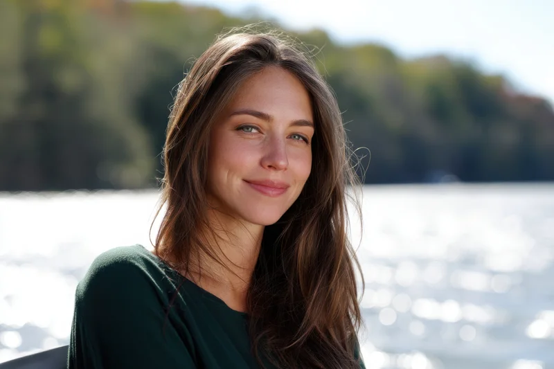 Woman smiling by a lake with trees in the background
