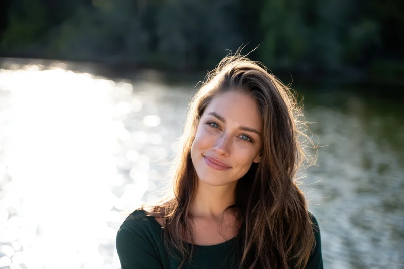 Woman smiling by a sunlit lake wearing a dark green top