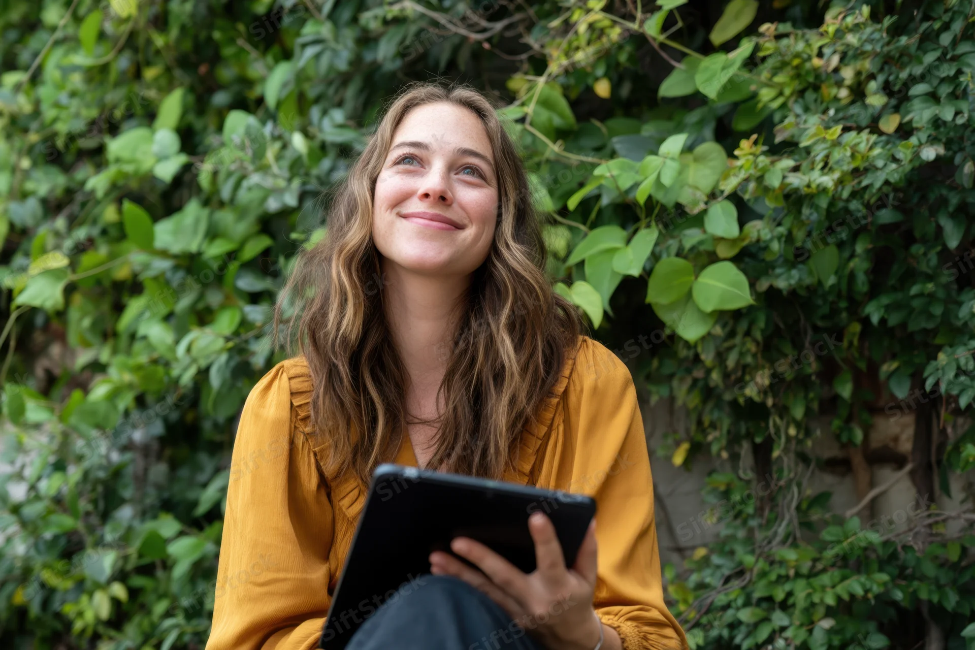 Woman sitting outdoors holding tablet and looking up among green foliage