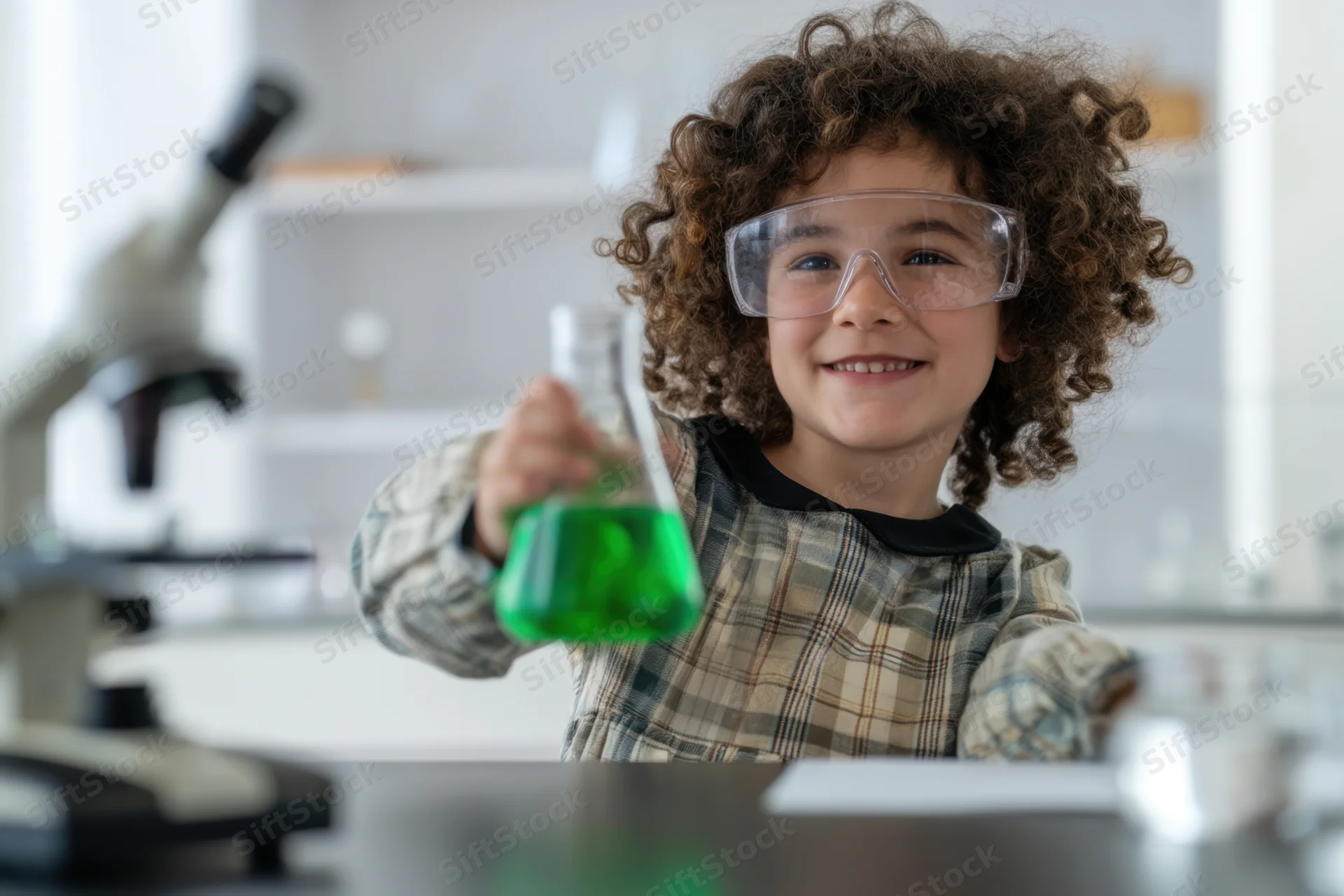 Young girl with curly hair wearing safety goggles smiles while holding a green liquid beaker in a lab setting