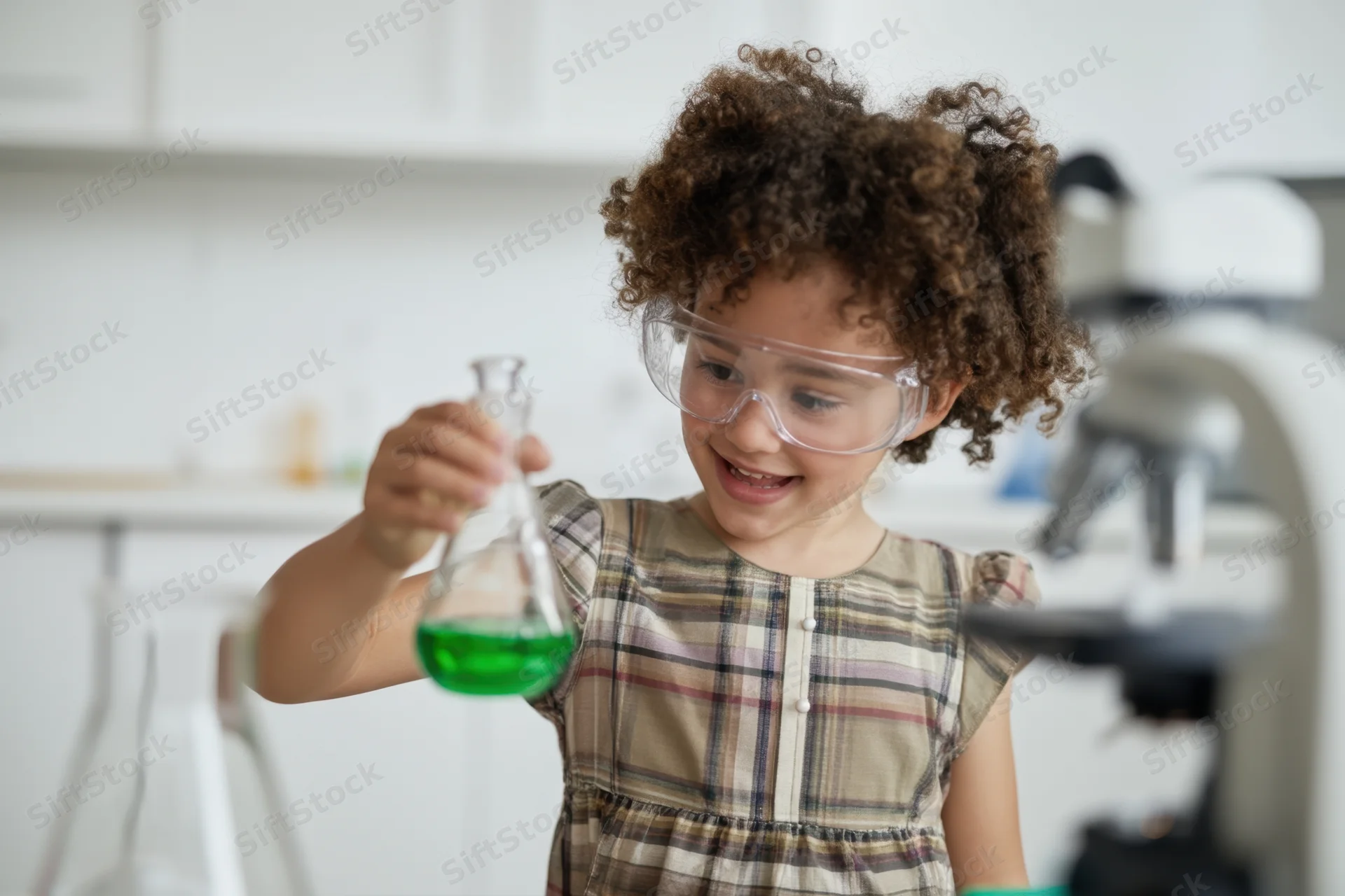 Young girl smiling while holding a beaker with green liquid in a lab setting