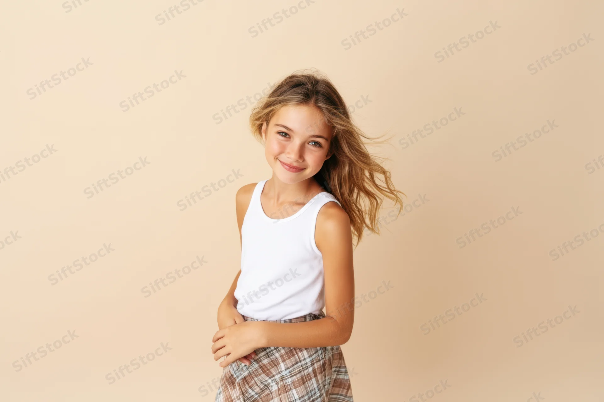 Young girl smiling with windblown hair wearing white tank top and plaid skirt in studio setting