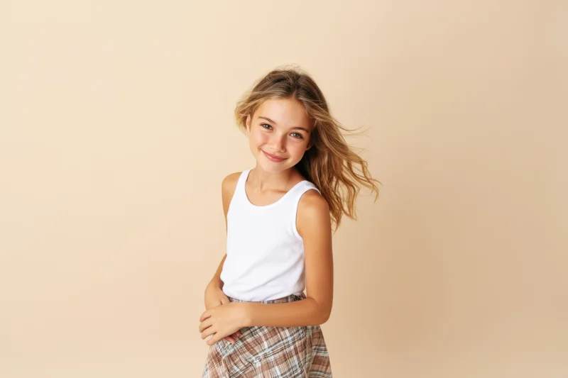 Young girl smiling with windblown hair wearing white tank top and plaid skirt in studio setting