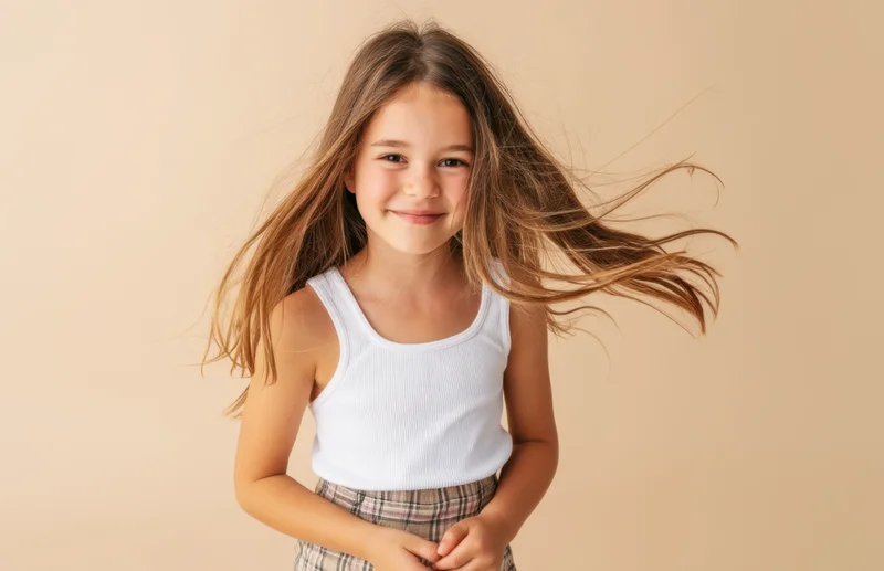 Young girl smiling with windblown hair wearing white tank top and plaid skirt in studio