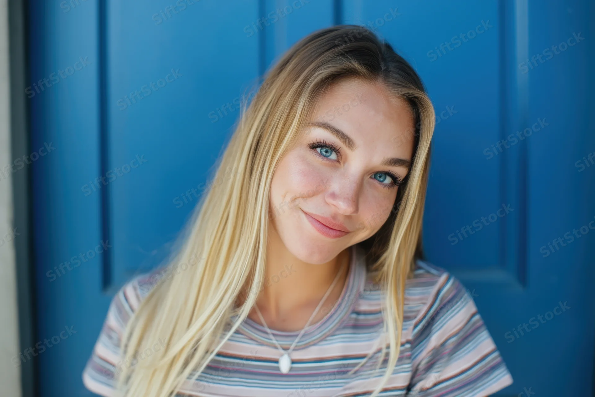 Young woman with long blonde hair smiling in front of a blue door