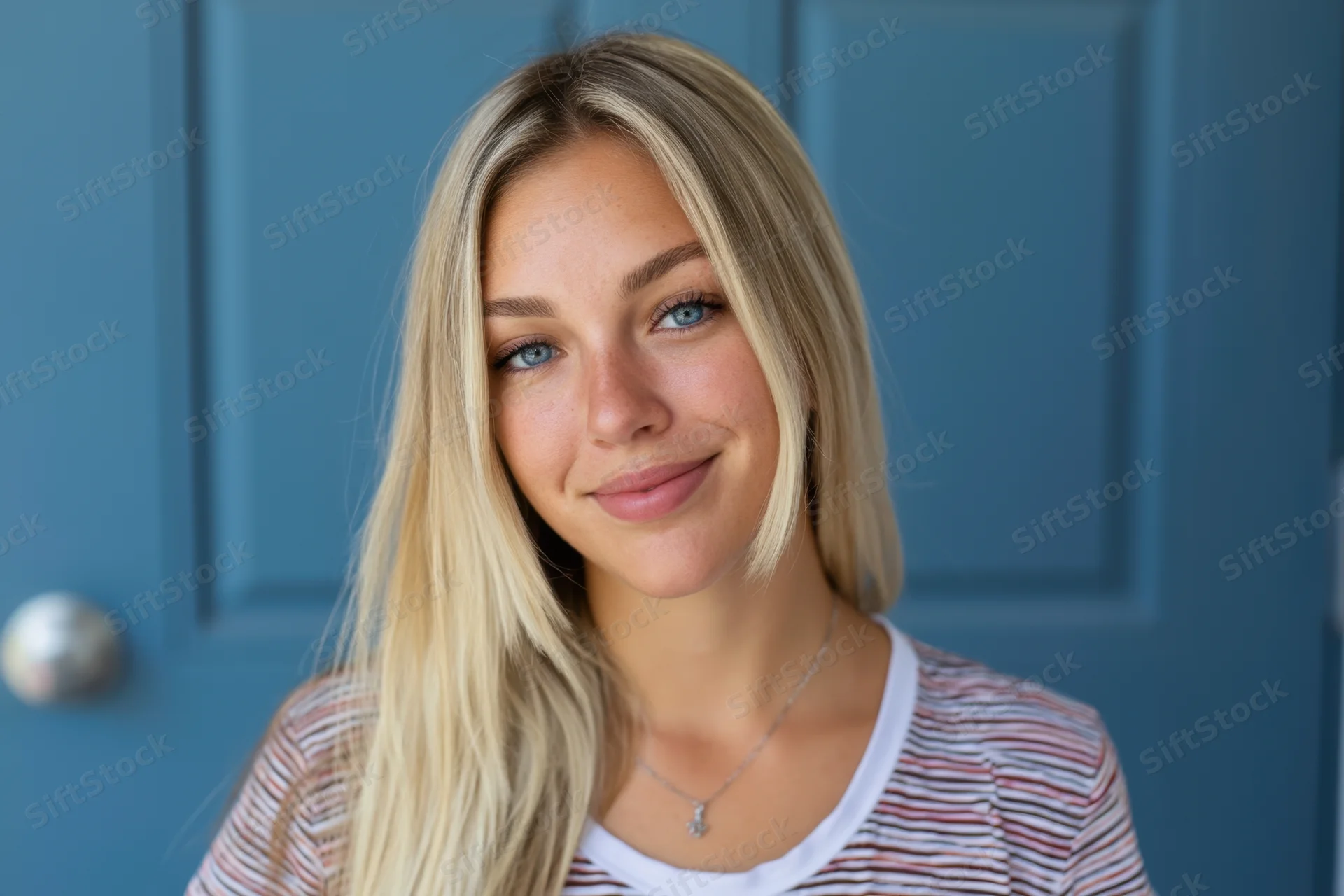 Young woman with long blonde hair and blue eyes smiling in front of a blue door
