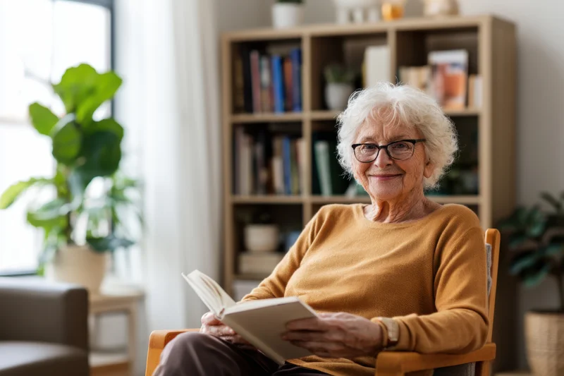 Elderly woman reading a book while sitting in a wooden chair in a sunlit living room