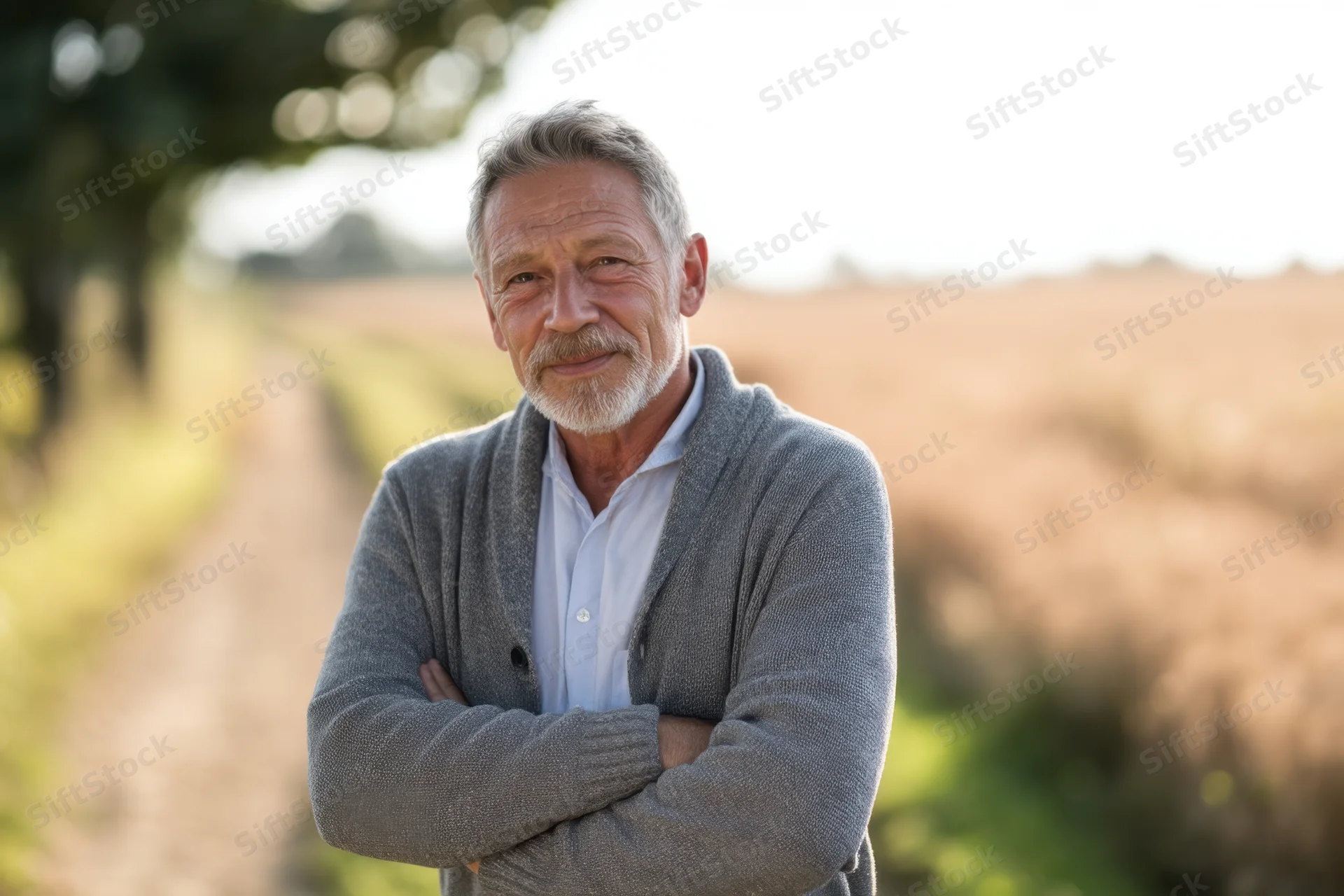 Senior man with arms crossed standing in a wheat field during autumn harvest