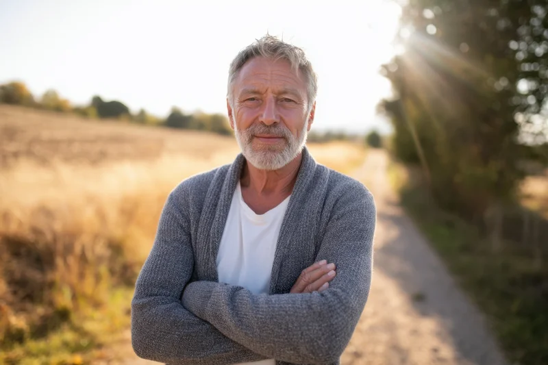 Senior man standing with arms crossed on a rural path at golden hour