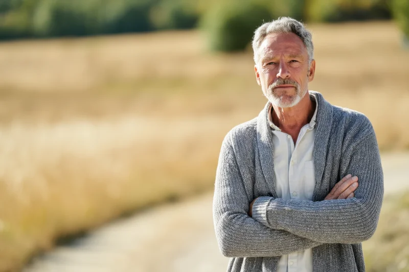 Senior man with gray hair and beard standing with arms crossed in a sunlit field