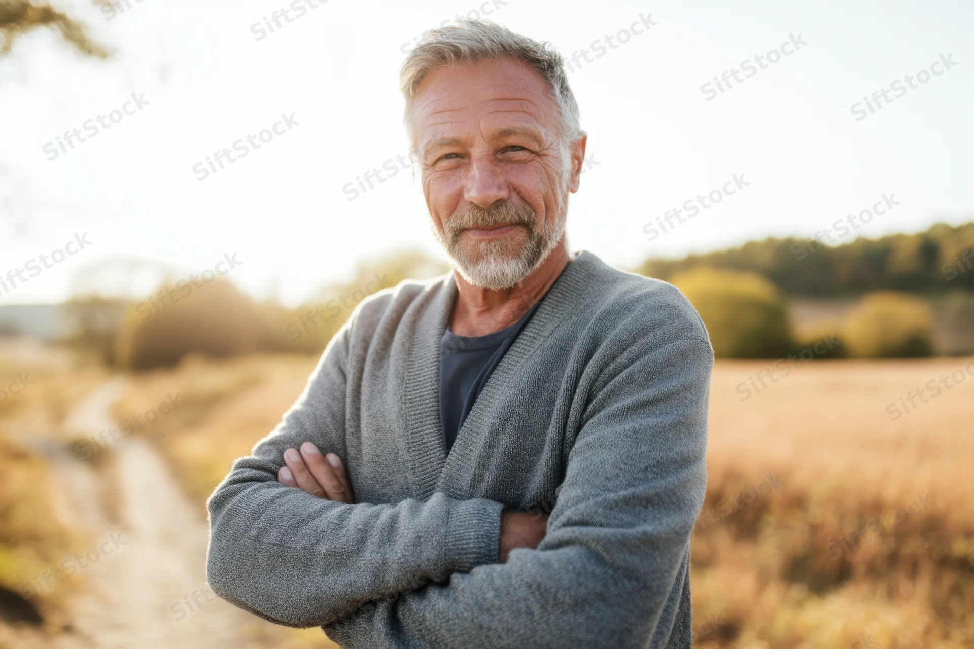 Senior man standing with arms crossed in a golden field at sunset