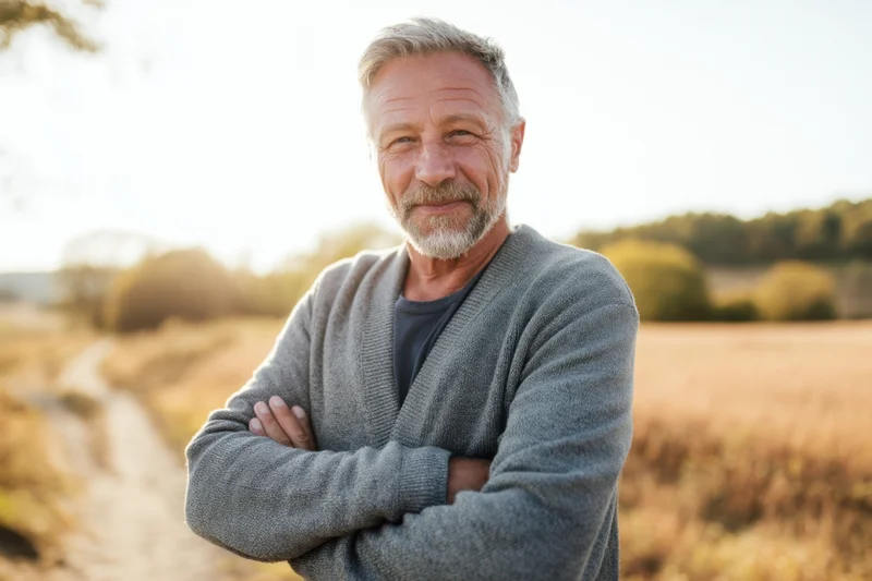 Senior man standing with arms crossed in a golden field at sunset