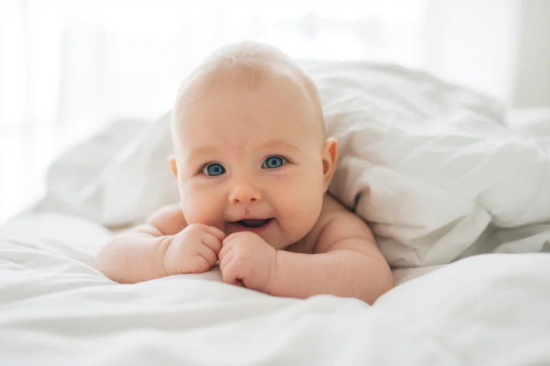 Baby smiling with blue eyes on white bedding in soft natural light