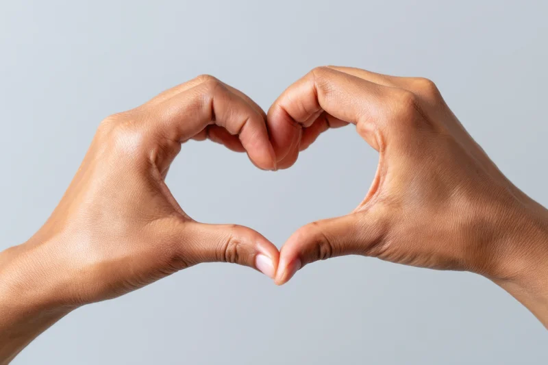 Close up of two hands forming a heart against a plain background