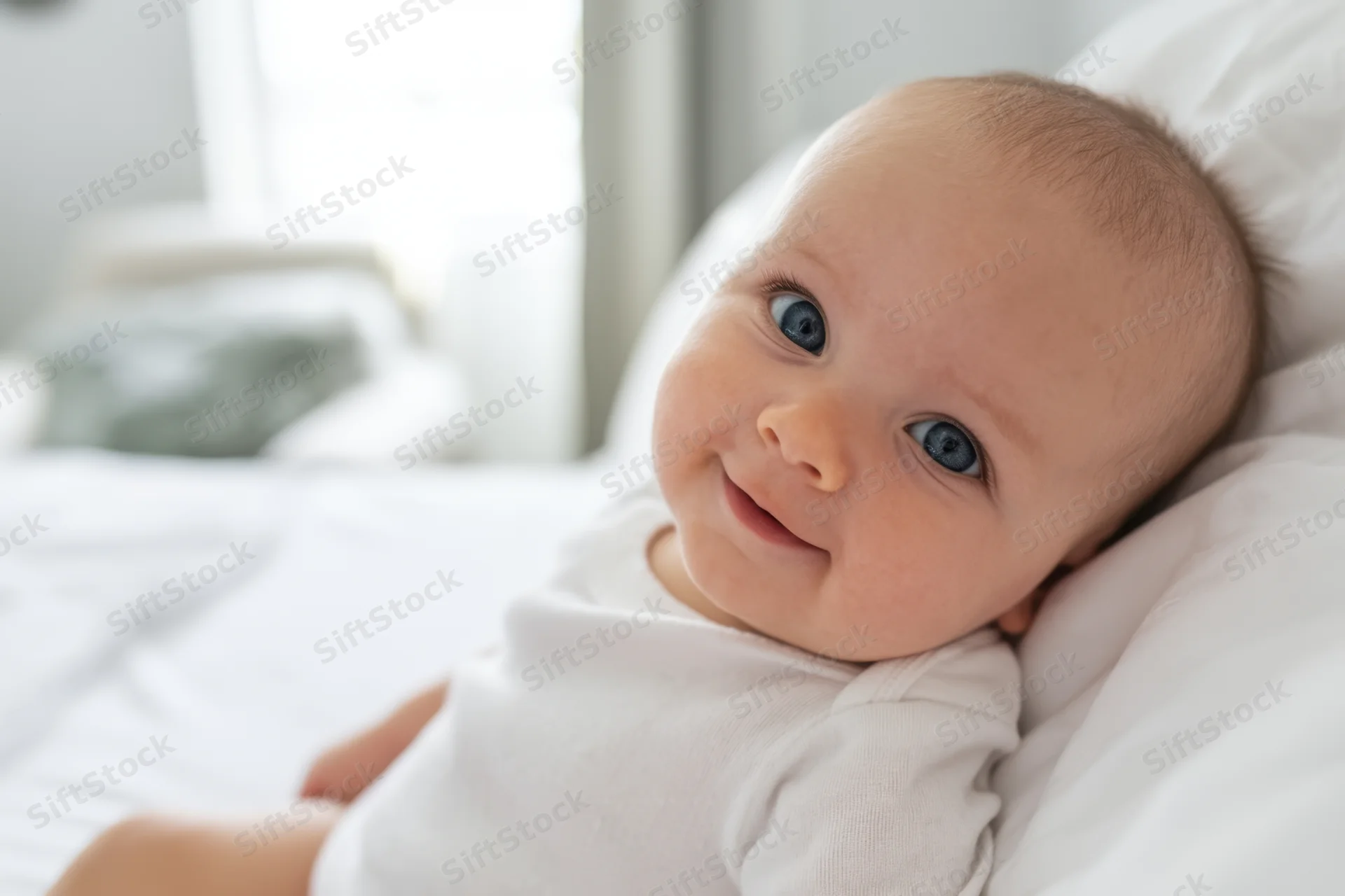 Baby smiling while lying on white bed in bedroom