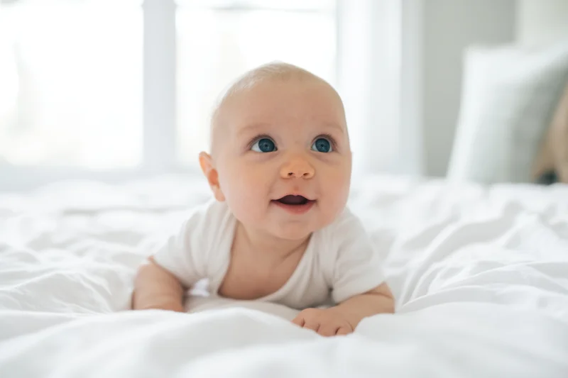 Baby lying on white bed in onesie smiling upward