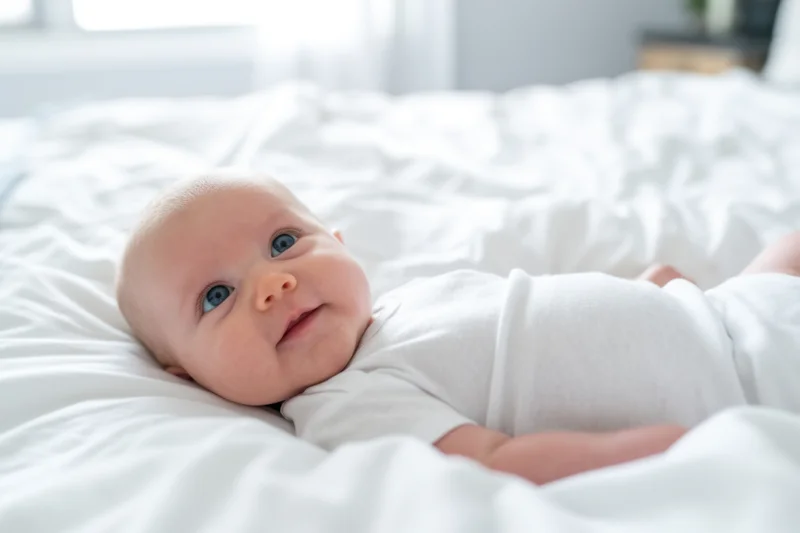 Baby lying on white bed in white onesie gazing upward